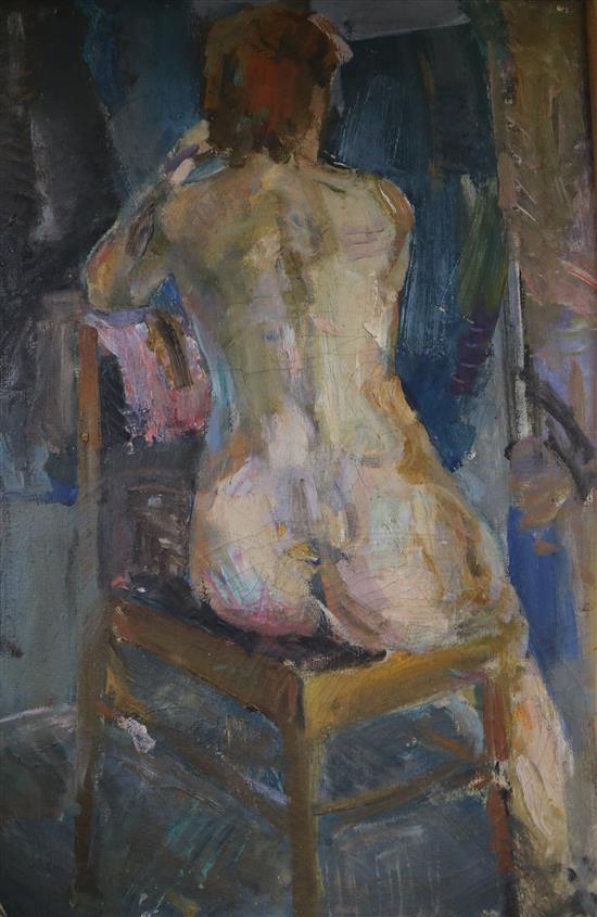 Russian School, I. Shapoval, (b. 1933) oil on canvas, study of a seated nude, 1974. 69 x 48cm